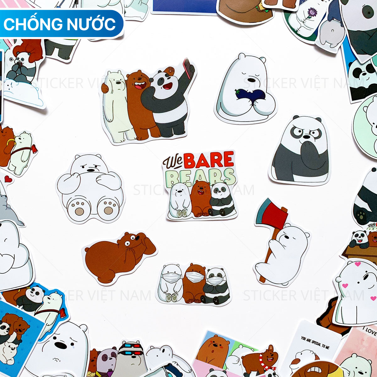 Sticker Ba Chú Gấu - We Bare Bears Siêu Dễ Thương - Chất Liệu PVC Chất Lượng Cao Chống Nước - Kích Thước 4-8cm