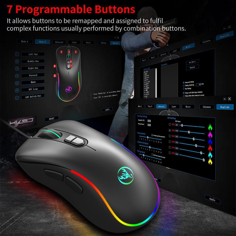 HXSJ Wired Keyboard Mouse Combo L300 RGB Backlit Keyboard + J300 6400DPI Programmable RGB Backlit Mouse
