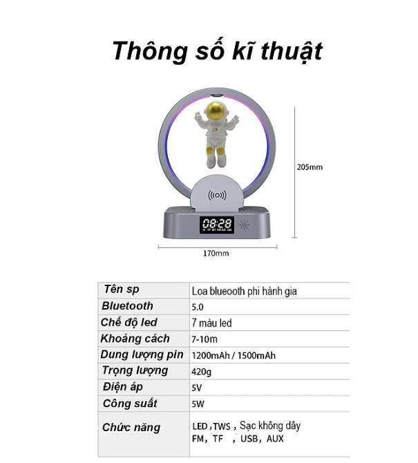 Cao cấp - Đèn Ngủ Công Nghệ Kiêm Loa Bluetooth đa năng, sạc không dây, Đồng hồ, đèn led RGB Maglev Astronaut in Space