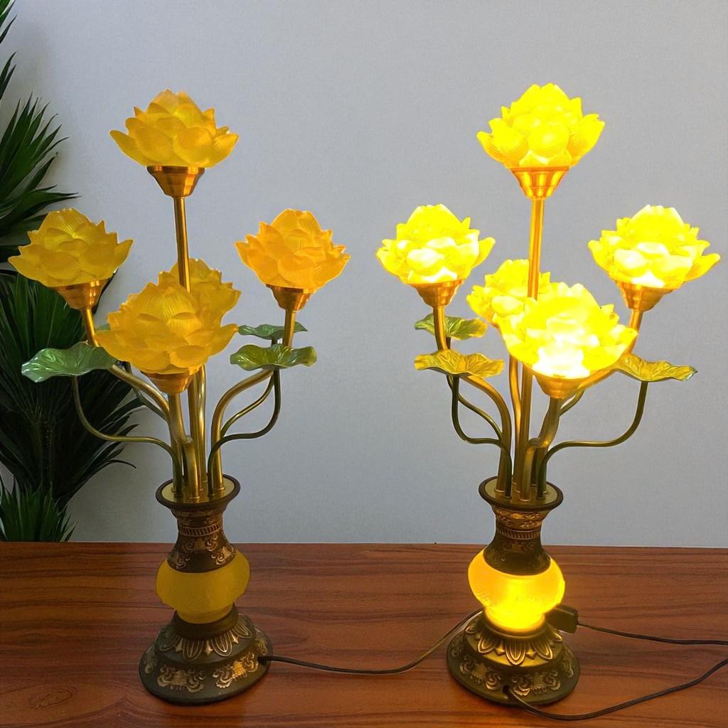 Đèn thờ 5 bông lưu ly RỒNG VIỆT - Thiết kế tinh xảo, thân đồng sắc nét, cho ban thờ thần tài.