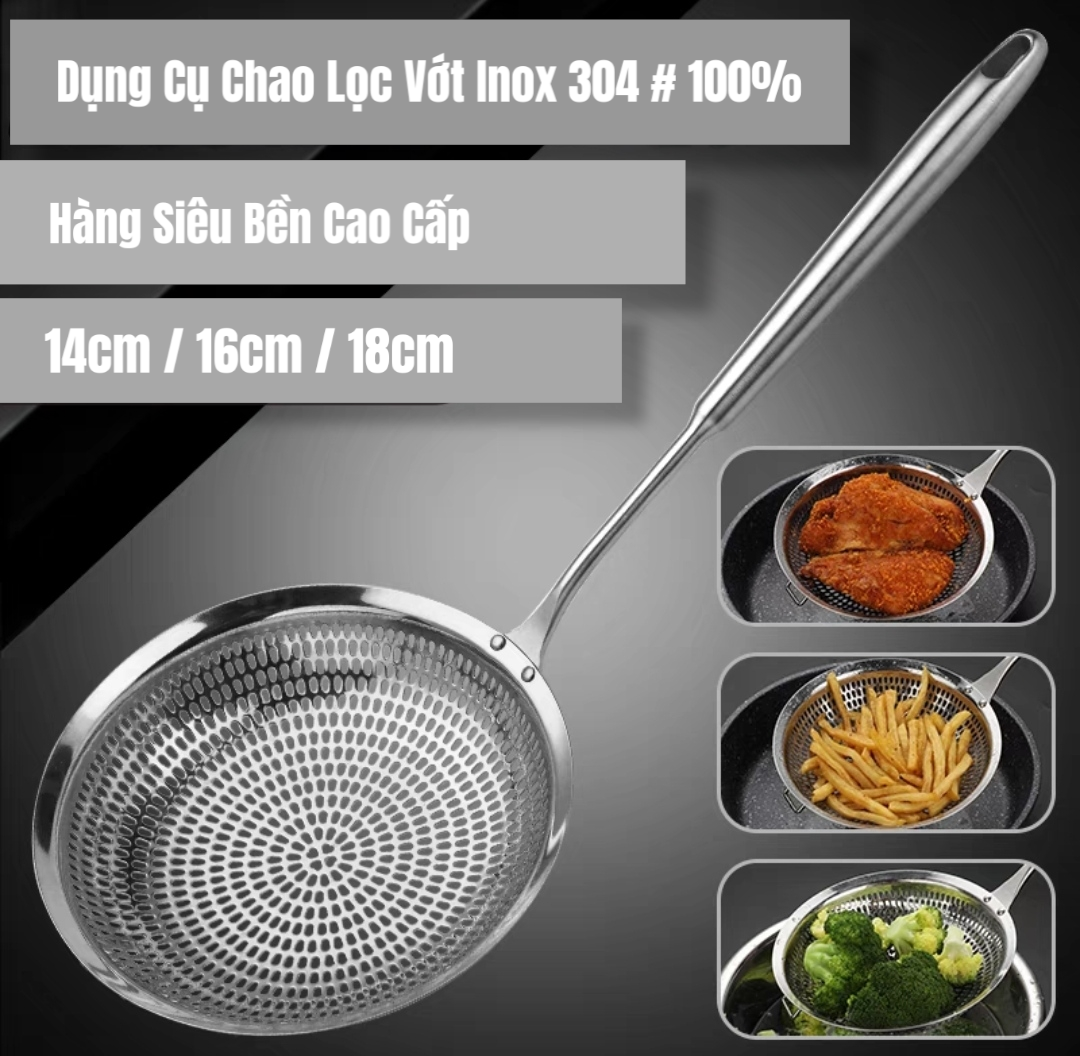 Vợt Lưới Đột Dập Rổ Lọc Thức Ăn Đa Chức Năng Cho Nhà Bếp Vá Sạn Vợt INOX SUS304 Cao Cấp - Có 3 kKích cỡ 14cm / 16cm / 18cm