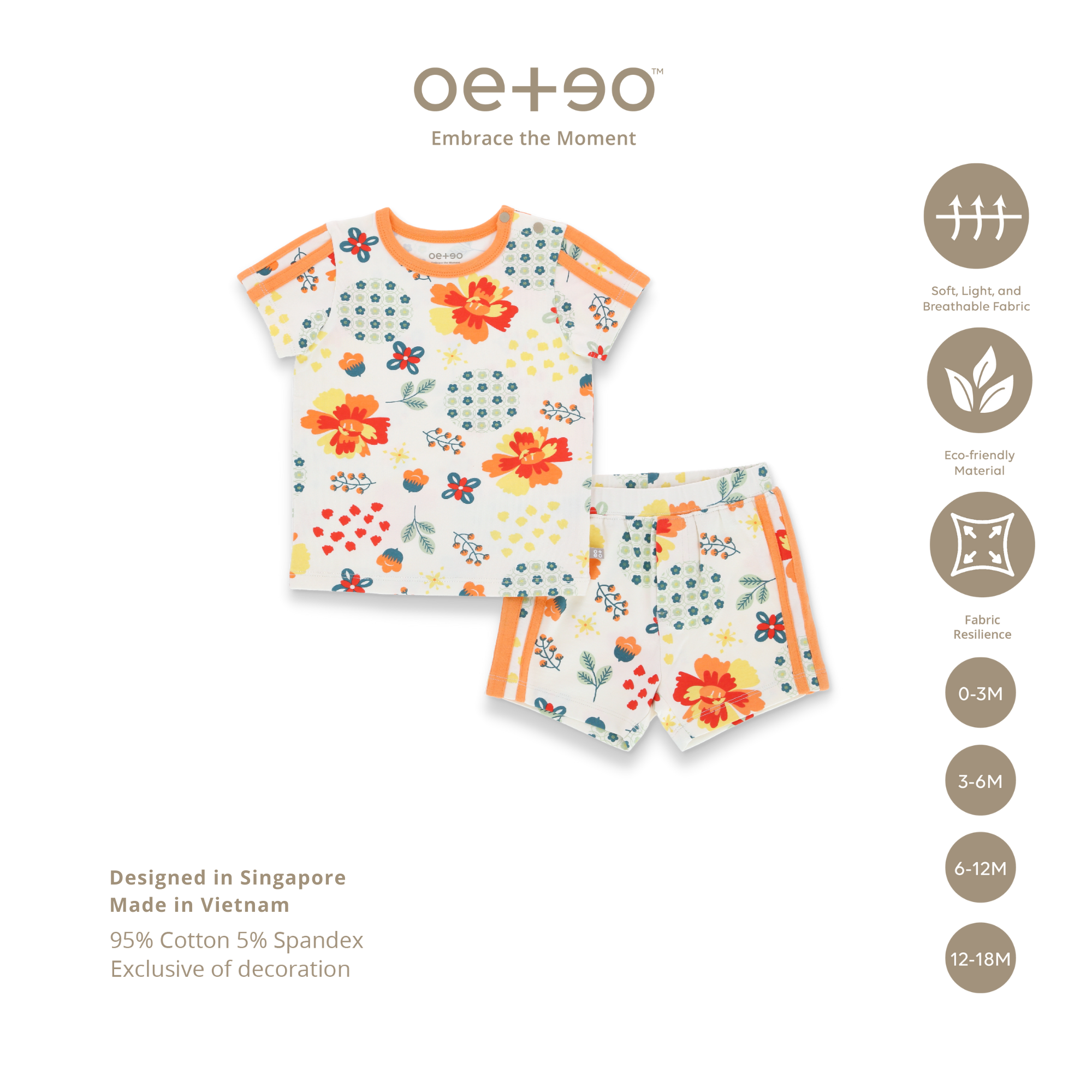Bộ cộc tay bé trai bé gái từ 0 - 18 tháng vải cotton họa tiết Tết Á Đông TSTS1-1649 | OETEO Abundance of Blooms