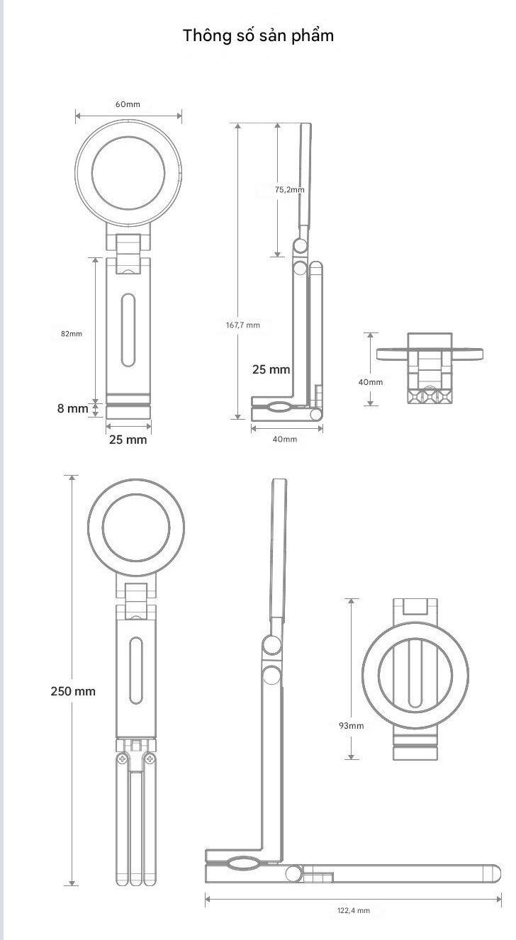 Giá đỡ kệ đỡ điện thoại từ tính gập xoay 360 độ để bàn, kẹp thành bàn, ô tô, máy bay livestream, selfile tự sướng - Hàng chính hãng