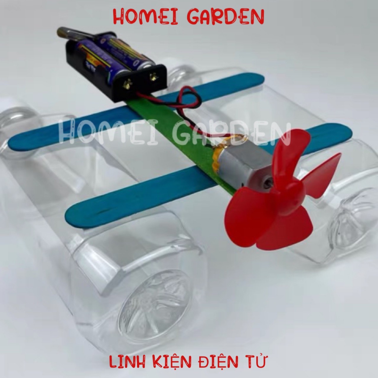 Bộ chế tàu thuyền mini chạy bằng năng lượng gió dùng DIY steam stem gồm motor cánh quạt đế pin kèm pin - HM0195