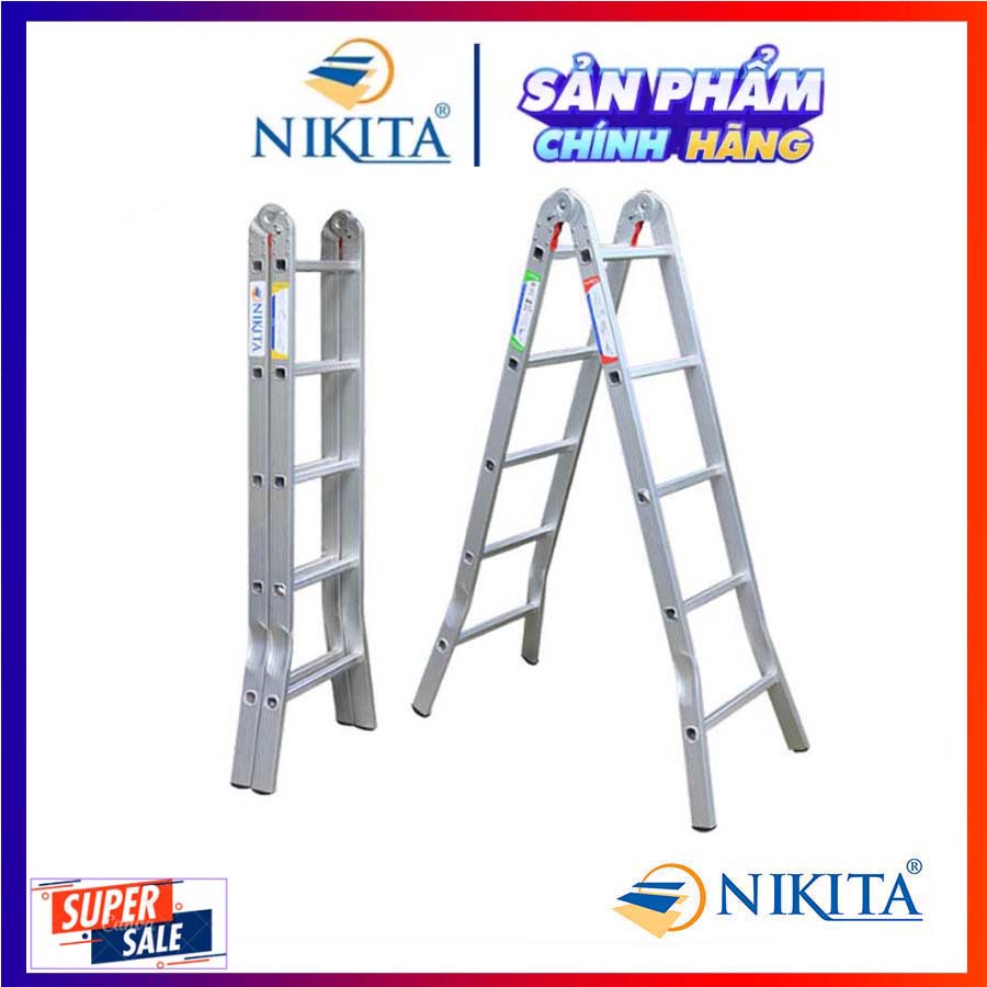 Thang nhôm chữ A, khóa sập tự động, bậc thang đột 3 nấc chắc chắn - Hàng chính hãng NIKITA