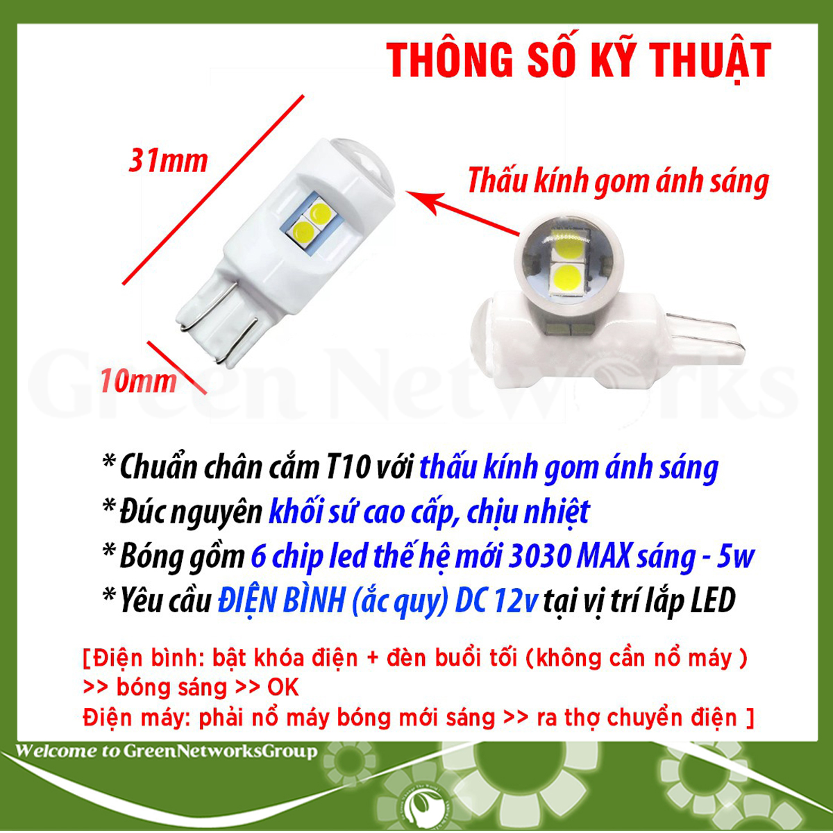 Đèn xi nhan LED T10 đúc sứ - xi nhan demi cho xe máy T10 6 Led ( 6smd 3030 ) DC 12V Green Networks Group ( 1 Đèn )