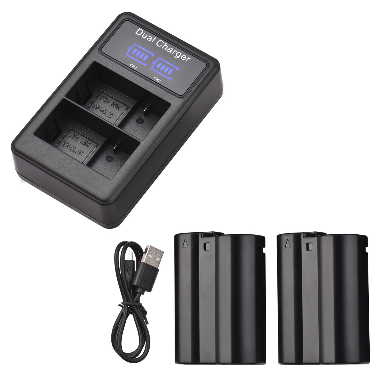 EN-EL15 Battery & Charger Kit 2pcs 7.4V 2550mAh Battery + 1pc Dual Channel Battery Charger LED Screen Display for Nikon