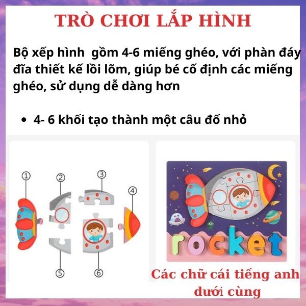 Đồ chơi thông minh 3in1 bộ tranh xếp hình, ghép chữ, ghép hình lắp ráp bằng gỗ 3D in nổi giúp bé phát triển tư duy