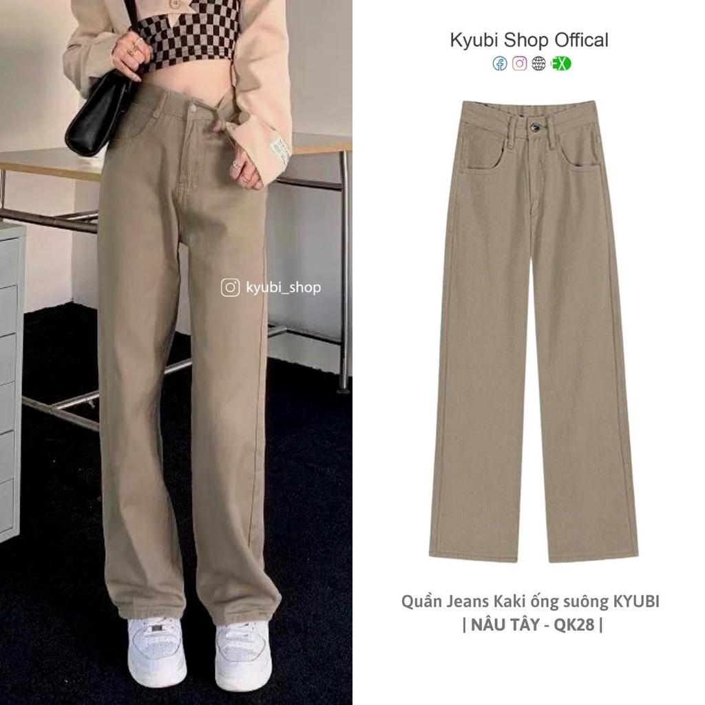 Quần jean kaki nữ ống suông ulzzang lưng cao màu nâu tây  - Quần jeans ống rộng 2 nút Kyubi NT2