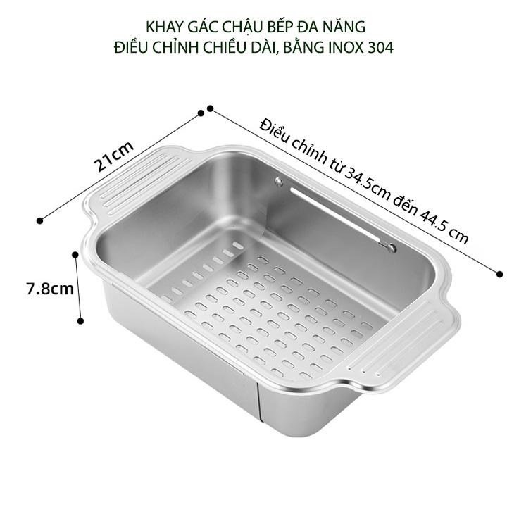Khay rổ inox 304 gác chậu bếp thông minh xếp gọn, để đồ đa năng
