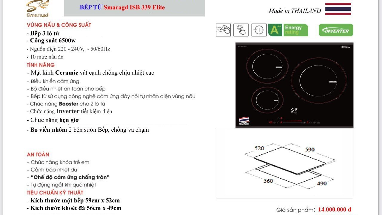BẾP TỪ SMARAGD ISB-339 ELITE MADE THÁI LAN (hàng chính hãng)