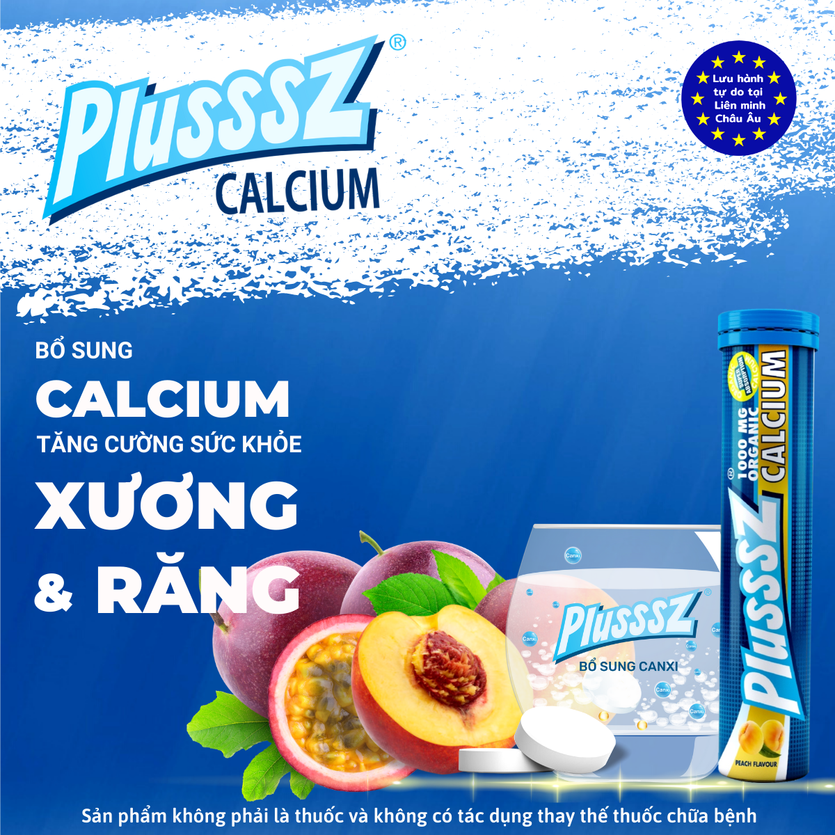 Viên sủi Plusssz Calcium vị Đào và chanh dây không Đường bổ sung canxi dạng hòa tan, dễ hấp thu hỗ trợ sức khỏe xương và răng, hỗ trợ ngăn ngừa loãng xương