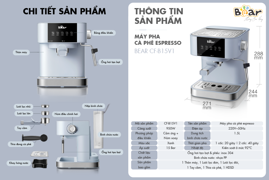 Máy Pha Cà Phê, Tạo Bọt Sữa Tự Động BEAR CF-B15V1,  Áp Suất 15 Bar, Công Suất 950W - Hàng Chính Hãng