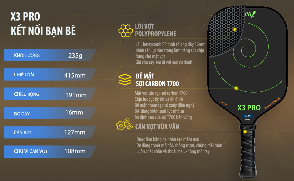 VỢT PICKLEBALL MAXVI X3 PRO MẶT CARBON DÀNH CHO NGƯỜI CHƠI THƯỜNG XUYÊN