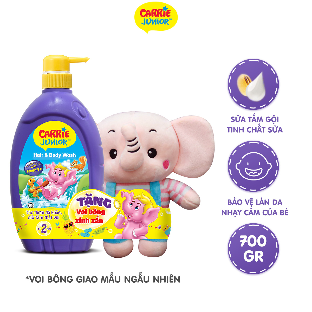 Sữa Tắm gội cho bé Carrie Junior Tinh chất Sữa 700g TẶNG Voi bông (màu ngẫu nhiên)