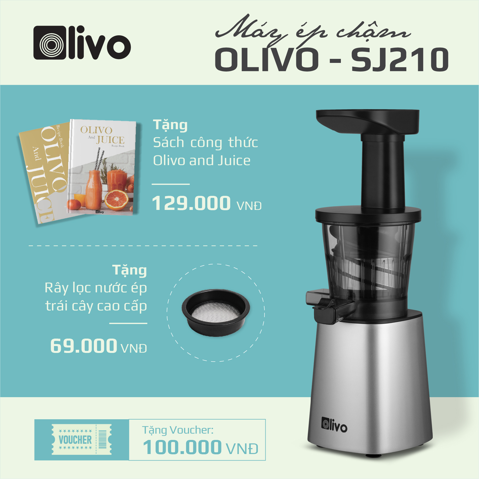 Máy Ép Chậm Olivo SJ 210 - Máy Ép Trái Cây, Ép Chậm Siêu Kiệt Bã, Làm Kem Nhỏ Gọn Dễ Vệ Sinh Thương Hiệu Mỹ - Hàng Chính Hãng