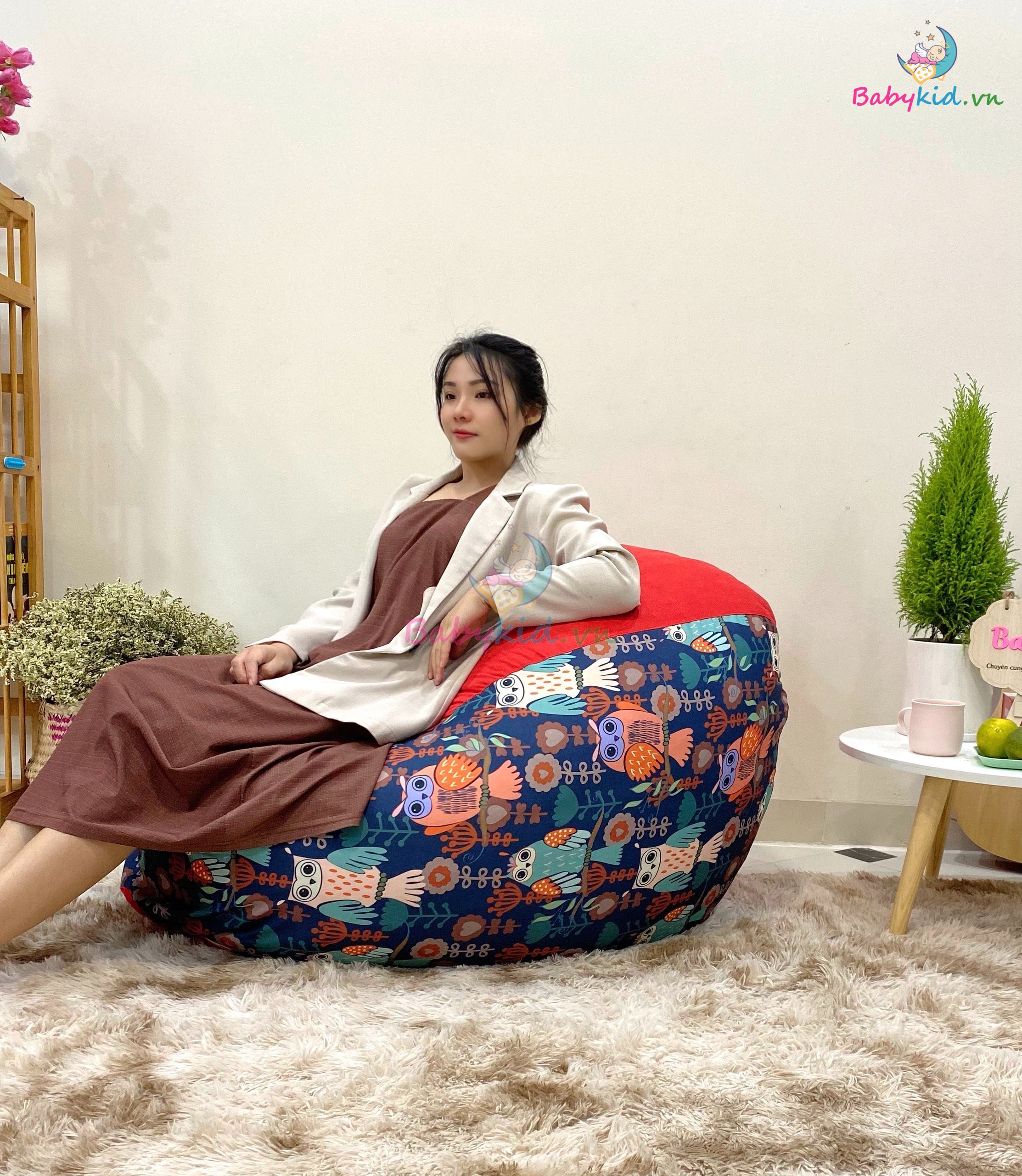 Ghế xốp dáng lê size L 90x120cm hoạ tiết cú mèo mix DA LỘN nhiều màu - có sẵn xốp