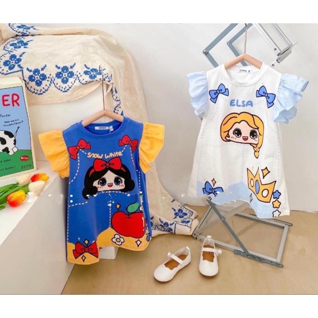 Đầm váy suông tay phồng mùa hè cho bé gái hình Công chúa bạch tuyết Elsa size 12-40kg chất cotton mềm mát