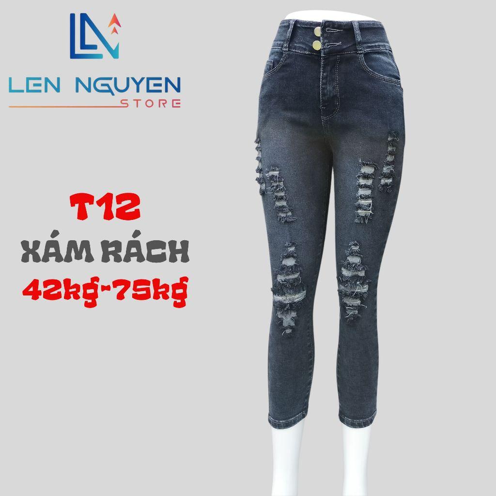 T12_Quần jean nữ, 9 tất, lưng cao, quần bò nữ dáng ôm, quần rin nữ có big size, cho 42kg đến 75kg,LEN NGUYEN STORE - Xanh Nhạt Rách