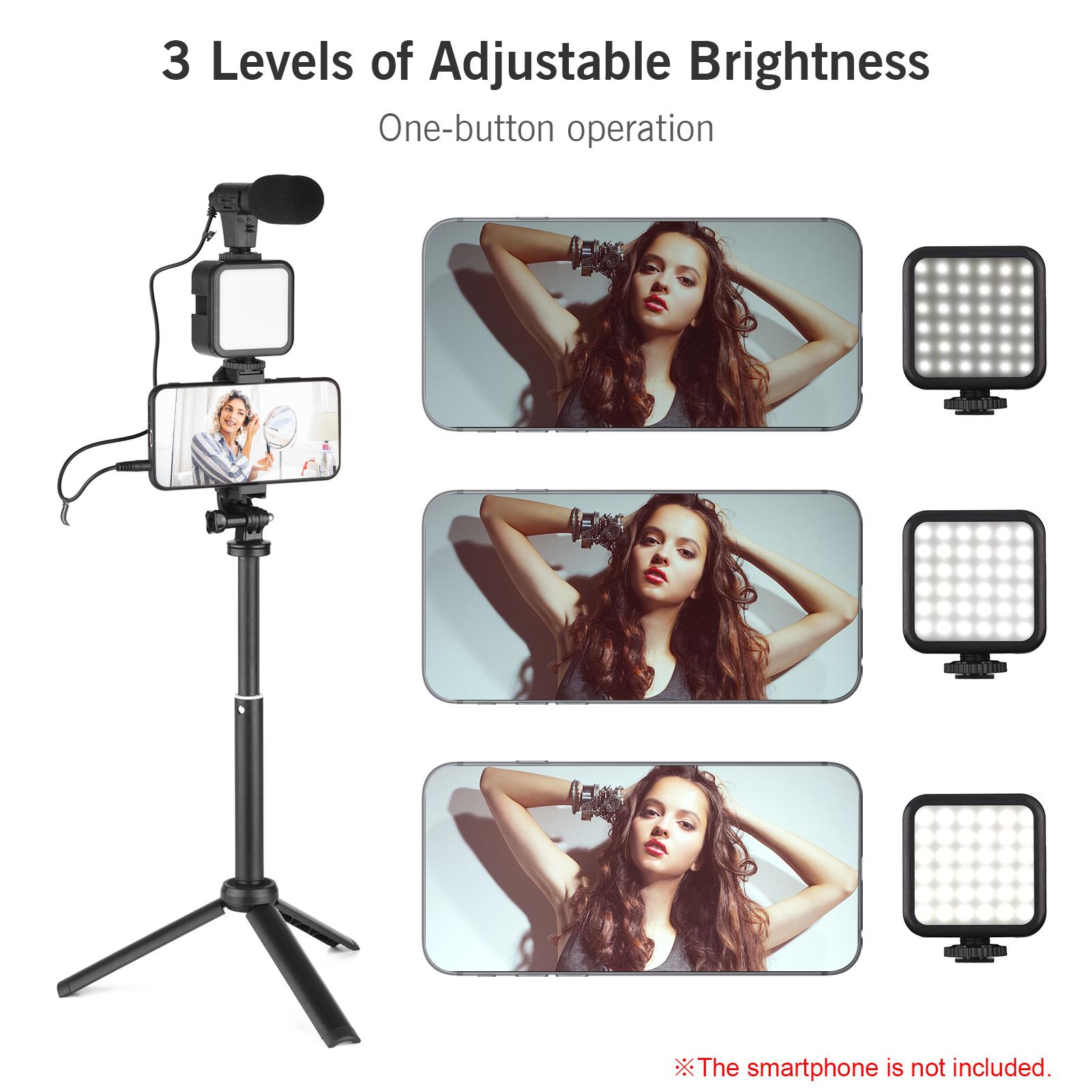 Vlog Shooting Kit Mini LED Video Light + Super Cardioid Condenser Microphone + Phone Clip + Tripod + Remote Shutter