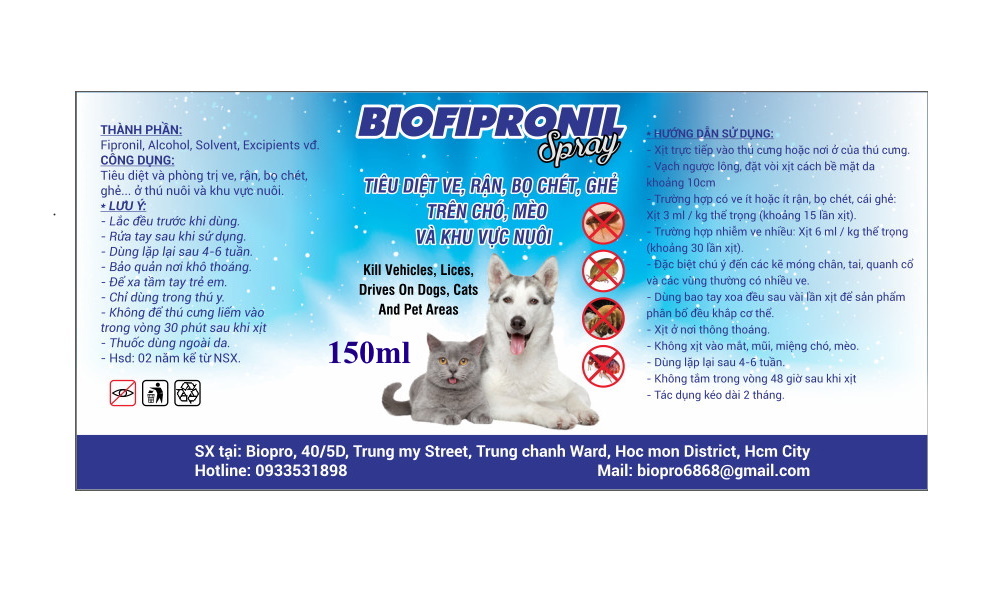Chai xịt tiêu diệt sạch ve rận bọ chét ghẻ cho Chó, Mèo BioFipronil chai 150ml An toàn, Hiệu quả, Tác dụng lâu dài