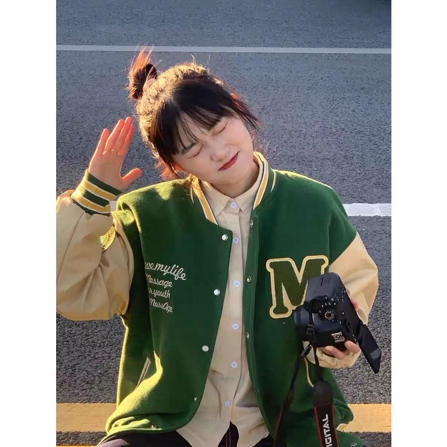 (Hàng sẵn)Áo bomber Unisex Vải dạ tay phối tay da pu họa tiết thêu xù 2 màu hót DT112