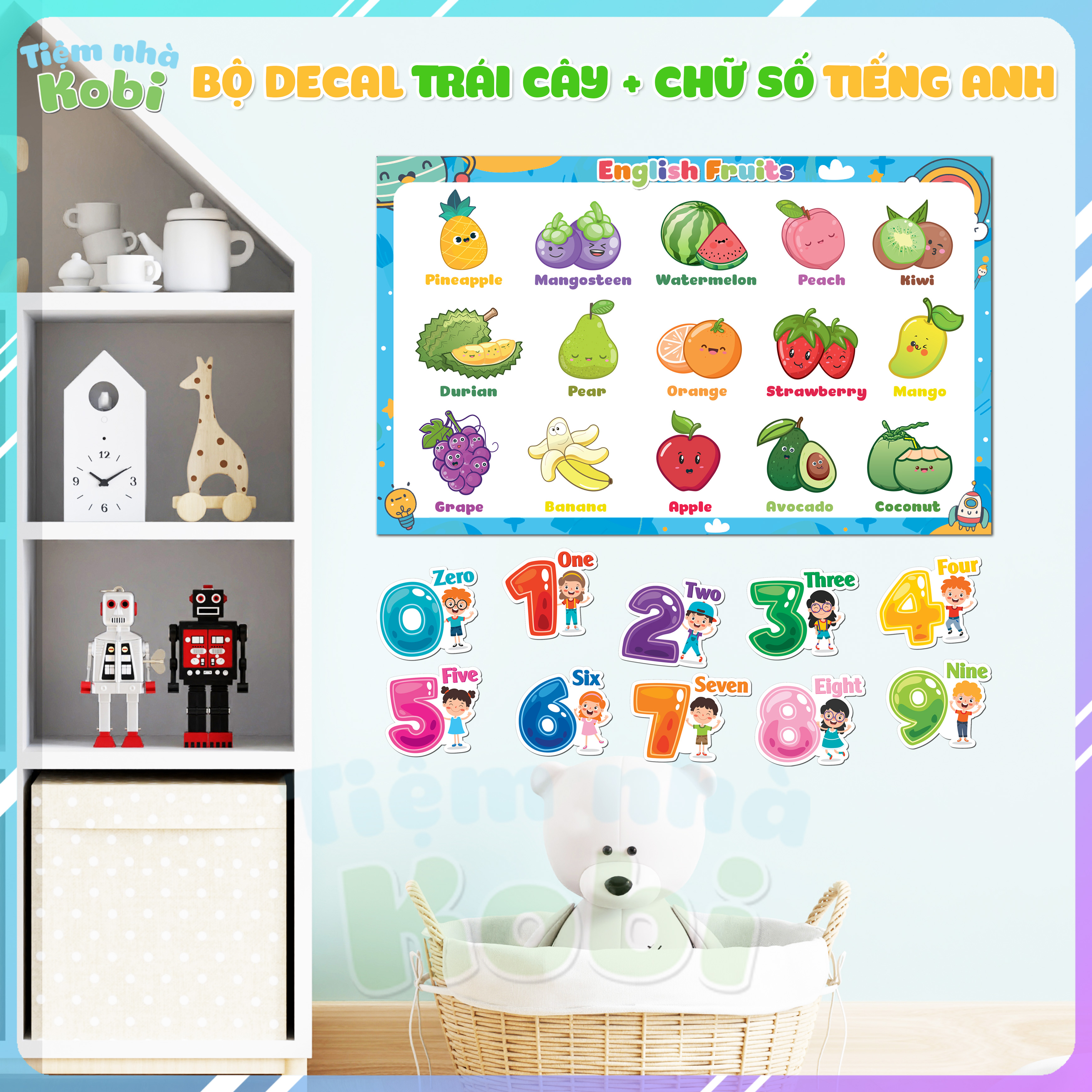 Bộ Decal Trái Cây, Hoa Quả Tiếng Anh + Chữ Số Tiếng Anh - Dán Tường Cho Bé Học Tập