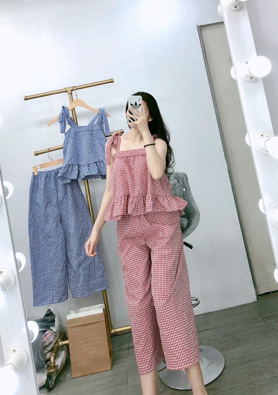 Đồ Bộ Nữ Kẻ Sọc Caro Thắt 2 Nơ Vai Xinh Xắn Thời Trang