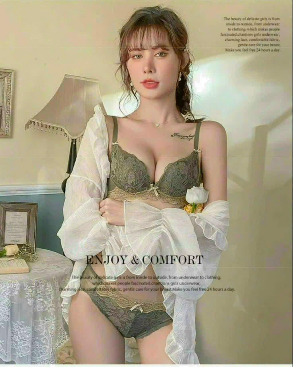 Bộ Đồ Lót Hoa Trà Ren Hoa Không Gọng Mút Vừa Nâng Ngực Đẹp