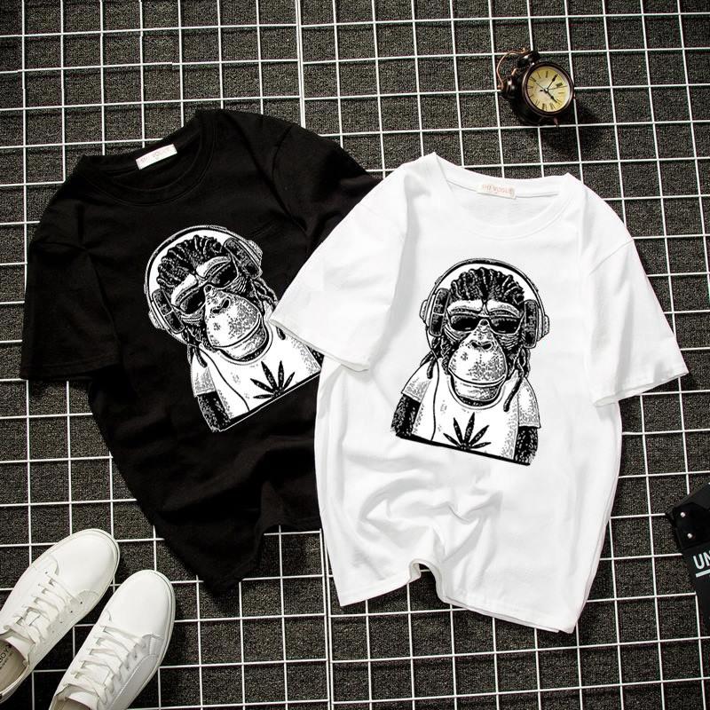 Áo thun unisex form rộng khỉ nghe nhạc vải dày mịn 2019T1447
