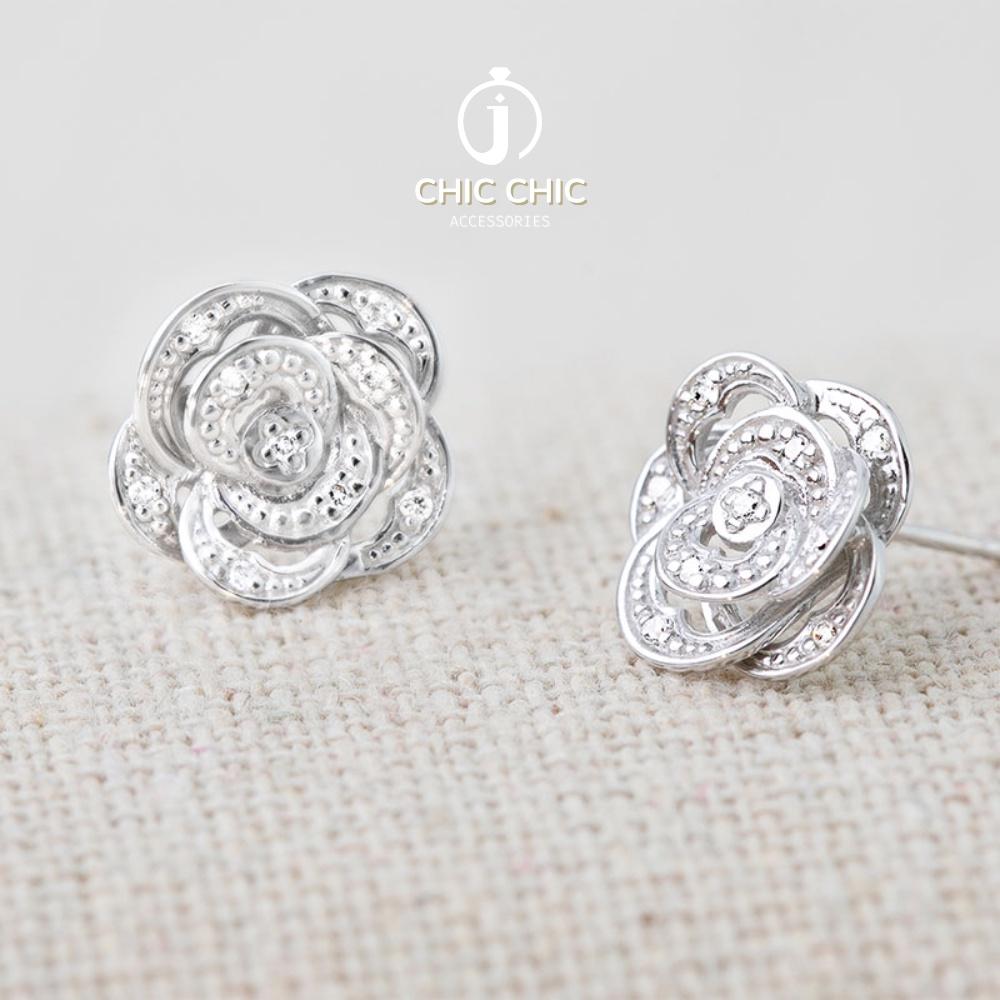 Bông tai Nữ Đính Đá Zircon Hình Hoa Trà Phong Cách Pháp | Bông tai Chic Chic A14