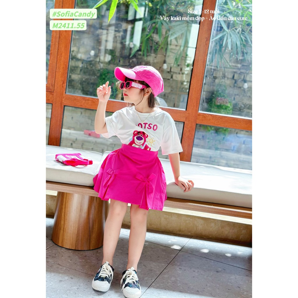 Set váy cho bé gái gấu dâu lotso đi hơi đi học năng động size 10-40kg hàng thiết kế cao cấp