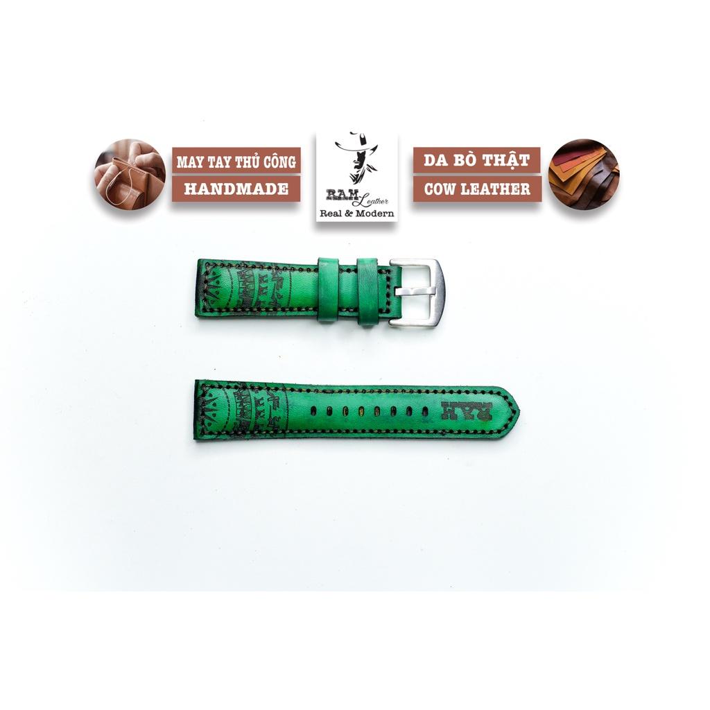 Dây đồng hồ da bò thảo mộc cao cấp xanh ngọc handmade bền chắc - chính hãng RAM Leather