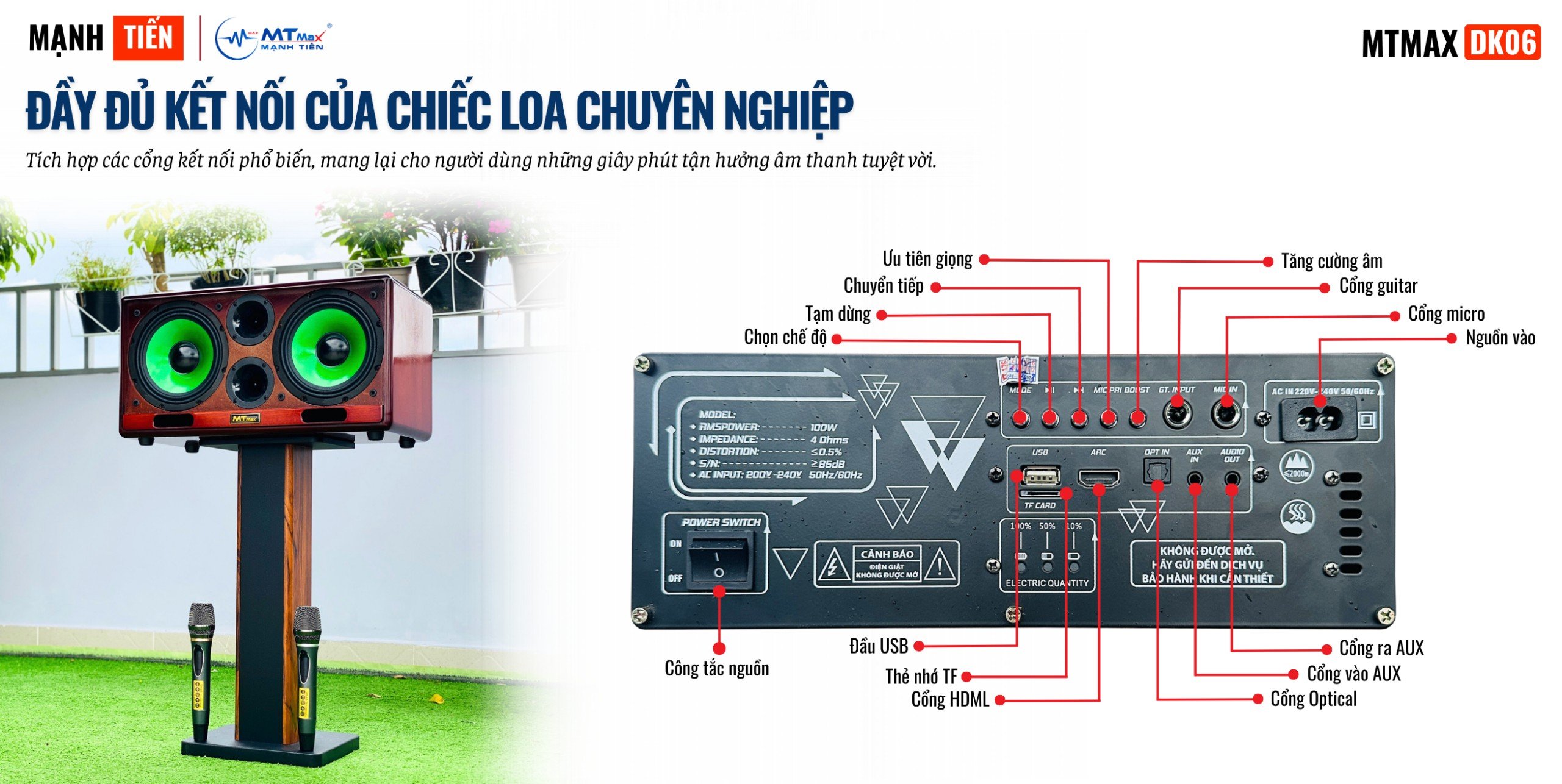 [ Tặng Kèm Micro Và Phụ Kiện ] Loa Di Động Thùng Gỗ Sang Trọng Cao Cấp MTMAX DK06, Trang Bị 2 Bass 20 Và 2 Treble Cho Công Công Suất Mạnh Mẽ, Đầy Đủ Kết Nối Bluetooth, HDMI, Optical, Cổng Guitar, Cổng Micro, TF Bảo Hành 12 Tháng, Hàng Chính Hãng