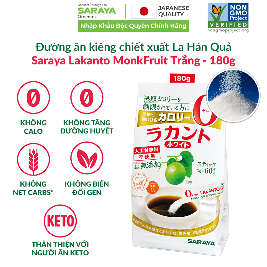 Đường Ăn Kiêng La Hán Quả Saraya Lakanto Monkfruit Trắng, 0 Calo, 0 Tăng Đường Huyết, 0 Biến Đổi Gen - 180G
