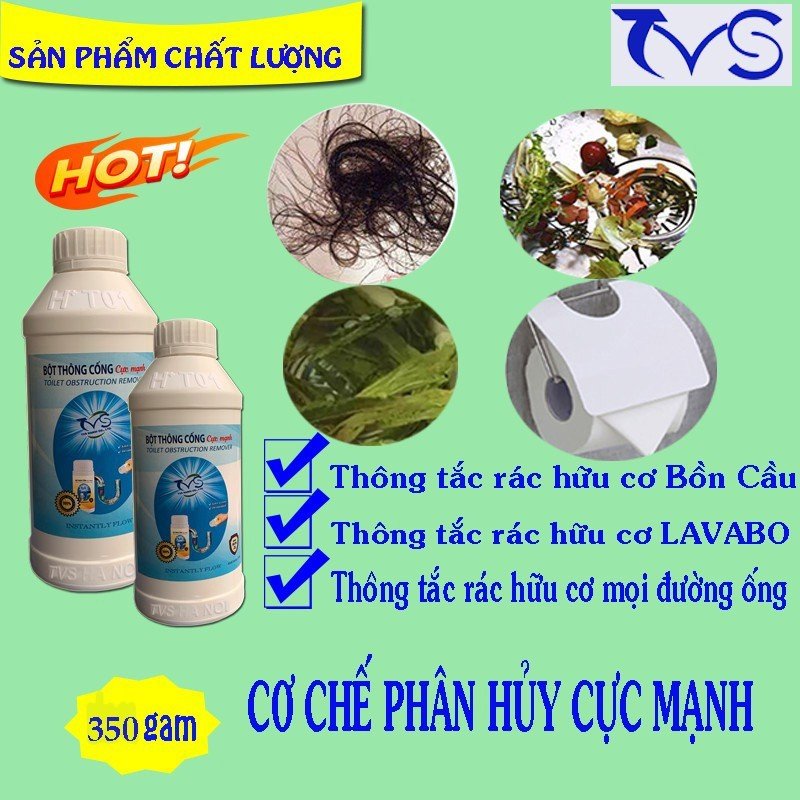 Combo 2 chai bột thông cống TVS-350 gam 1 chai, thông cầu cống, rác hữu cơ, bồn cầu, chậu rửa bát loại mạnh nhất