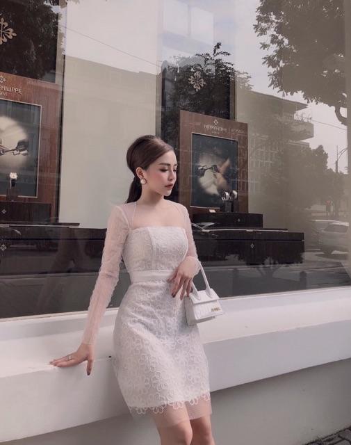 Đầm ren phối lưới tay dài - Hình Thật