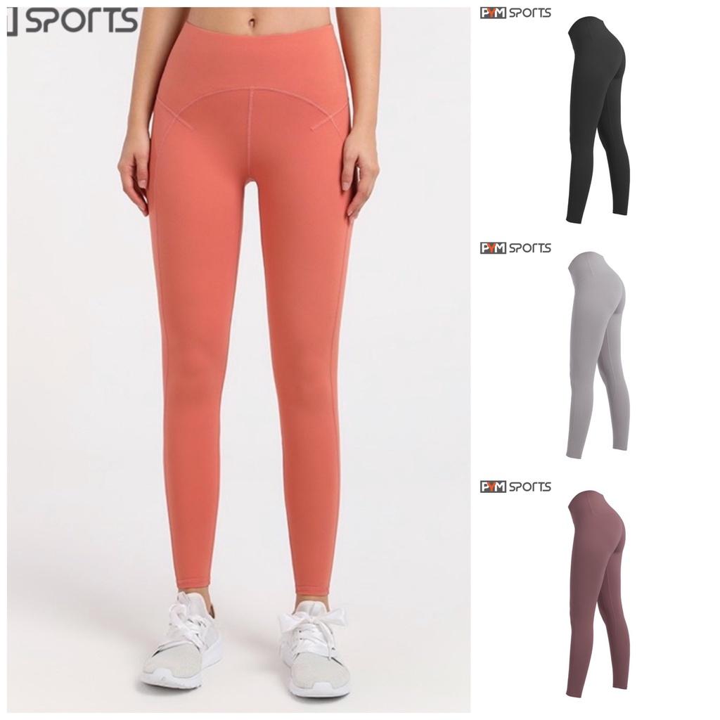 Quần legging tập gym - tập yoga PYMSPORT - PYML027 viền cạp, dài trơn, 4 màu cam, đen, xám, tím