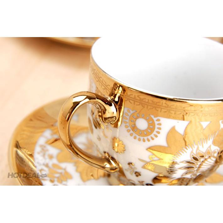 Bộ ấm tách trà kèm dĩa nguyên bộ có hộp sang trọng. Bộ ấm trà nhũ vàng hoa văn họa tiết đẹp