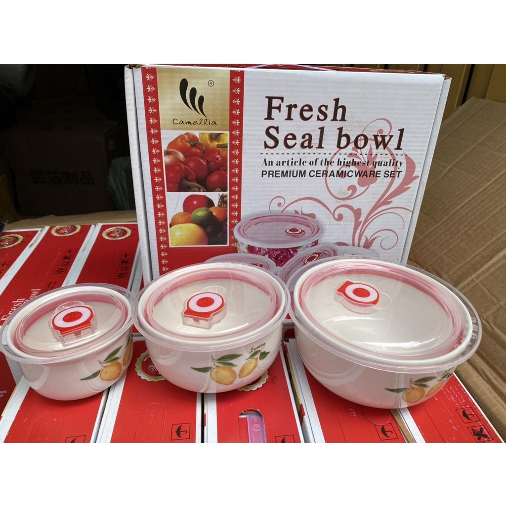 Bộ 3 Bát Sứ Có Nắp Hút Chân Không Bảo Quản Thực Phẩm Cao Cấp Siêu Đẹp