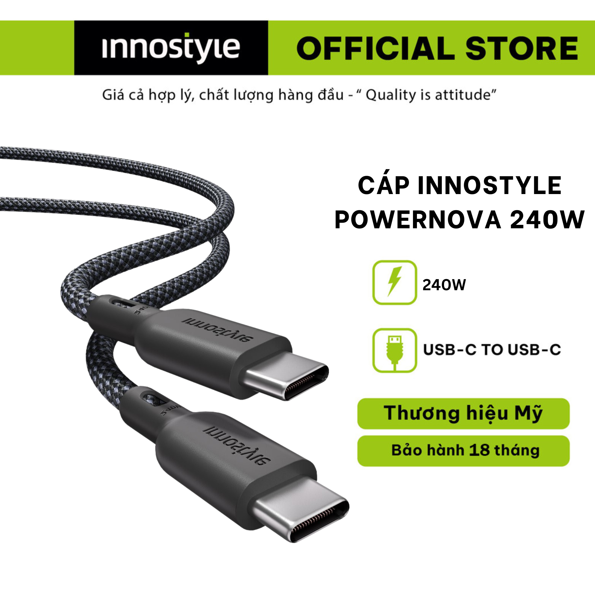 Cáp sạc nhanh Innostyle PowerNova USB-C to USB-C 1.5M 240W cho iPhone/cho Samsung – ICC240 - Thiết kế công suất cao, hàng chính hãng