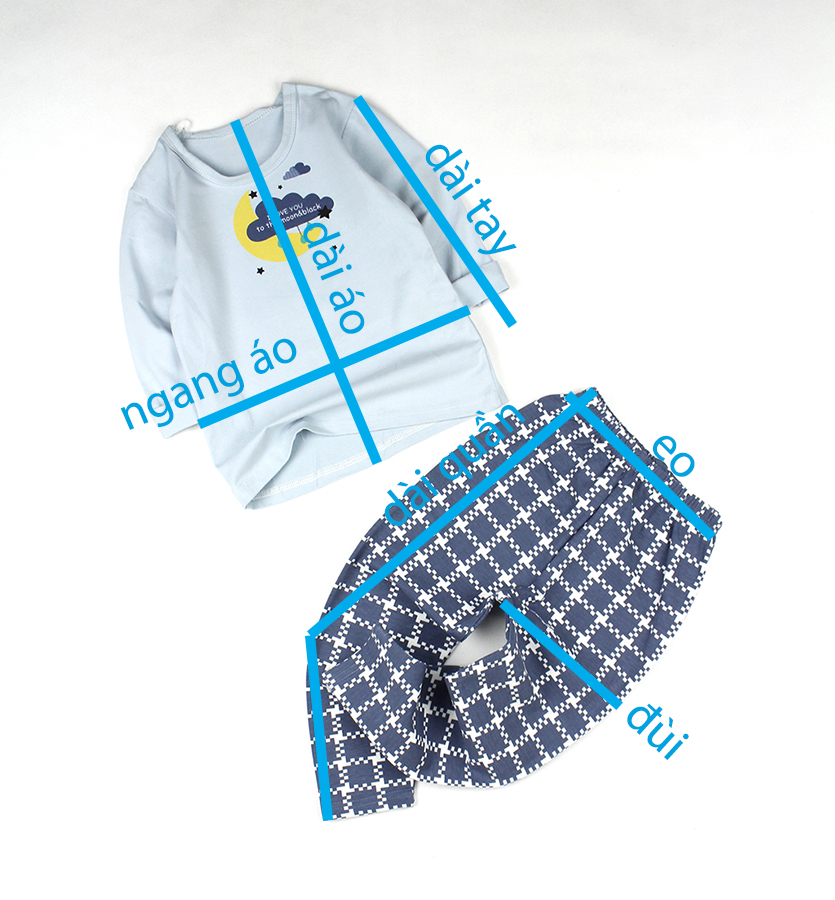 Bộ thun áo xám quần caro in mây và mặt trăng cho bé trai 0.5-5 tuổi từ 6 đến 20 kg 02722-02725