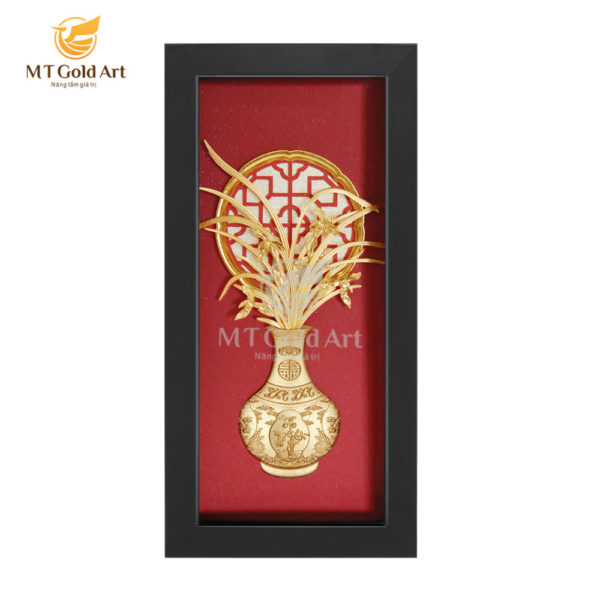 Tranh bình hoa lan dát vàng nền đỏ MT Gold Art- Hàng chính hãng, trang trí nhà cửa, phòng làm việc, quà tặng sếp, đối tác, khách hàng, tân gia, khai trương