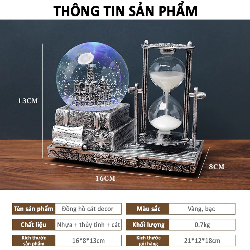 Đồng hồ cát trang trí quả cầu pha lê có đèn và nhạc - K1672