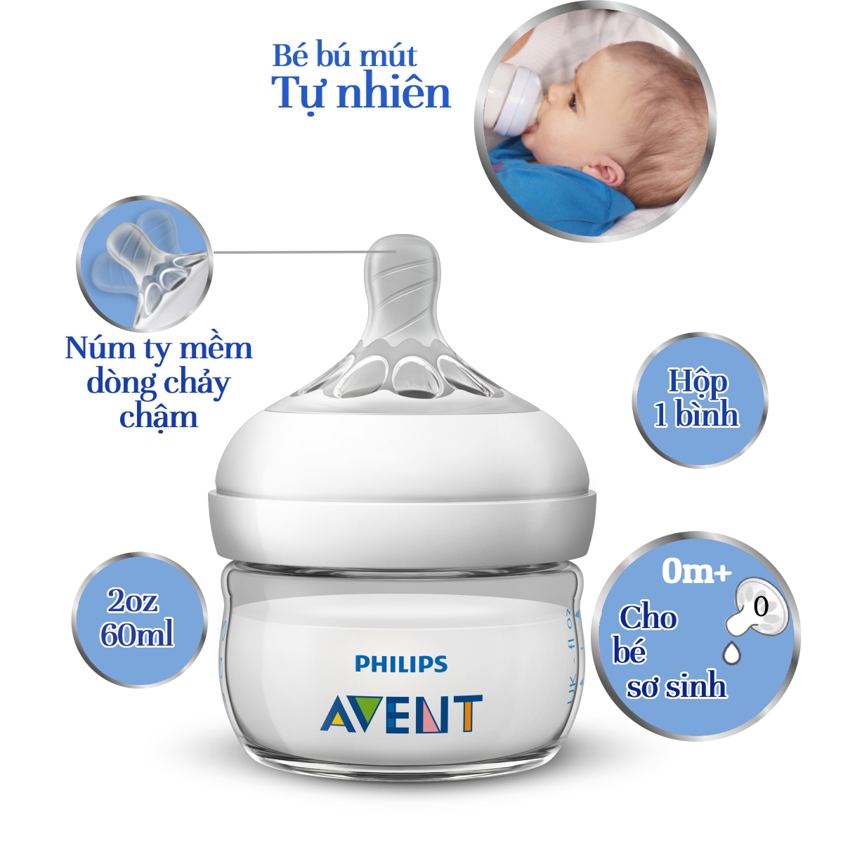 Bình sữa Philips Avent mô phỏng tự nhiên (60 ml) cho trẻ từ 0 tháng tuổi SCF039.17