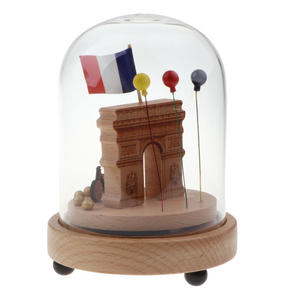 Wooden Luminous Rotating Music Box w/ Glass Dome Home Decor Ornament Gift - Triumphal Arch