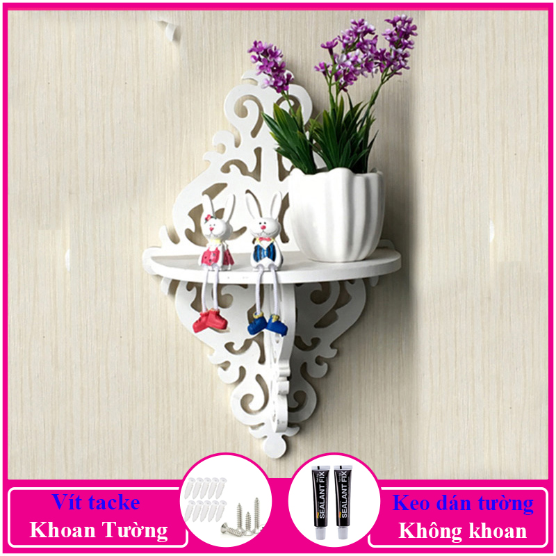 Kệ treo tường trang trí không cần khoan, chất liệu gỗ nhựa cao cấp màu trắng, decor không gian sống - C2