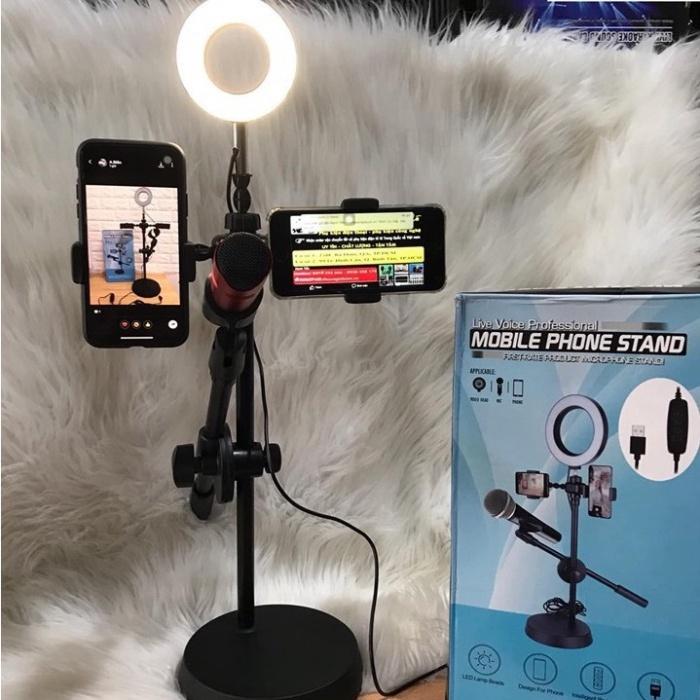 Đèn livestream 4in1 để bàn có chân đỡ micro livestream 2 kẹp điện thoại - bộ giá đỡ điện thoại livestream 4in1