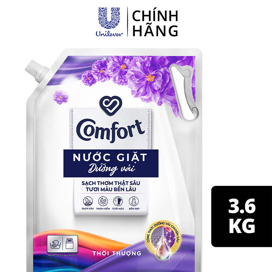 Nước giặt dưỡng vải Comfort Nước giặt xả đa chức năng hương Thời Thượng giúp quần áo sạch thơm &amp; tươi màu Túi 3.8kg