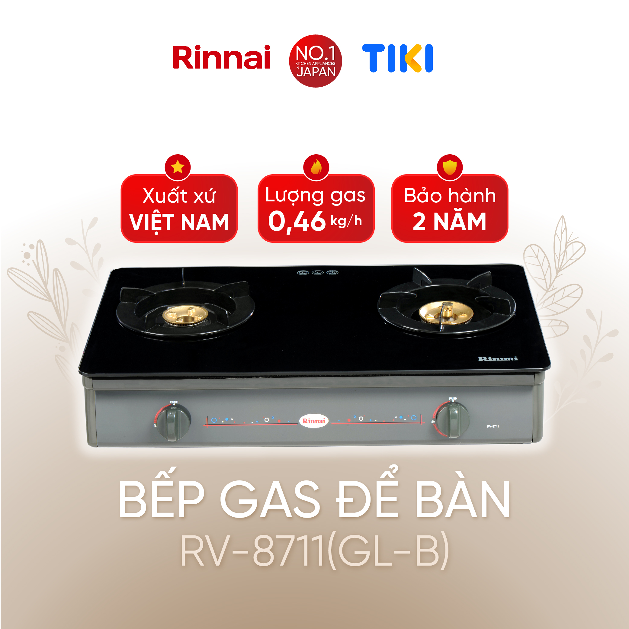 Bếp gas dương Rinnai RV-8711(GL-B) mặt bếp kính và kiềng bếp men - Hàng chính hãng.